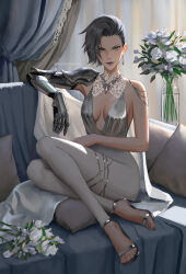 Rule 34 | 1girl, backlighting, breasts, breasts apart, commentary, couch, curtains, dress, earrings, english commentary, flower, full body, gauntlets, grey eyes, grey hair, high heels, highres, jewelry, light smile, looking at viewer, medium breasts, necklace, original, pillow, purple lips, serpentigena, short hair, single bare shoulder, single gauntlet, sitting, solo, vase, white dress, white flower