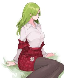 Rule 34 | 1girl, black pantyhose, closed mouth, collared shirt, commentary, commentary request, green eyes, green hair, hair over one eye, kazami yuuka, kazami yuuka (pc-98), long hair, looking at viewer, pantyhose, plaid, plaid skirt, plaid vest, red skirt, red vest, shirt, simple background, sitting, skirt, solo, tohoyuukarin, touhou, touhou (pc-98), vest, white background, white shirt