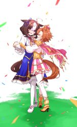 Rule 34 | 2girls, ahoge, animal ears, blue dress, boots, brown hair, cape, closed mouth, confetti, corset, crown, dancing, dress, full body, gloves, hairband, hand on another&#039;s back, hand on another&#039;s shoulder, high heel boots, high heels, highres, holding hands, horse ears, horse girl, horse tail, looking at another, meisho doto (umamusume), mini crown, multicolored hair, multiple girls, nanaheibei 3, open mouth, orange hair, purple eyes, shirt, short hair, skirt, smile, standing, t.m. opera o (umamusume), tail, thighhighs, two-tone hair, two-tone skirt, umamusume, white footwear, white gloves, white legwear, white shirt, yellow footwear