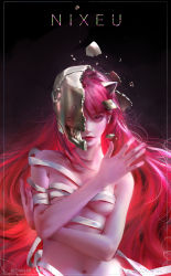 Rule 34 | 1girl, artist logo, artist name, bandages, bandages, elfen lied, english text, helmet, highres, lips, logo, long hair, looking at viewer, lucy (elfen lied), naked bandage, nixeu, pink hair, red eyes, scratches, simple background, solo, very long hair