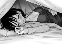 Rule 34 | 1girl, bed sheet, blush, breasts, camisole, cleavage, commentary, dojirou, eyelashes, closed eyes, greyscale, hair between eyes, highres, jacket, lifting covers, long sleeves, looking at viewer, lying, medium breasts, monochrome, monochrome, on side, open clothes, open jacket, original, parted lips, short hair, sleeping, sleeves past wrists, solo, spaghetti strap, under covers, upper body