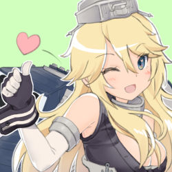 Rule 34 | 10s, 1girl, ;d, bare shoulders, blonde hair, blue eyes, blush, breasts, cleavage, elbow gloves, gloves, green background, hair between eyes, iowa (kancolle), kantai collection, large breasts, long hair, mokyutan, one eye closed, open mouth, outline, simple background, smile, solo, star (symbol), thumbs up, tsurime