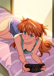 Rule 34 | 1girl, bad id, bad twitter id, blue eyes, breasts, casual, downblouse, elbow rest, game console, hair bobbles, hair ornament, handheld game console, interface headset, long hair, medium breasts, neon genesis evangelion, nipple slip, nipples, no bra, optionaltypo, orange hair, playing games, shorts, smile, solo, souryuu asuka langley, tank top