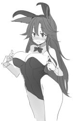 Rule 34 | 1girl, alternate costume, animal ears, bare arms, bare shoulders, blush, bow, bowtie, breasts, commentary request, cowboy shot, detached collar, fake animal ears, greyscale, hair between eyes, imaizumi kagerou, kamukamu (ars), large breasts, leotard, long hair, monochrome, parted lips, playboy bunny, rabbit ears, simple background, sketch, solo, standing, sweat, thighs, touhou, very long hair, wavy mouth, white background, wolf ears, wrist cuffs