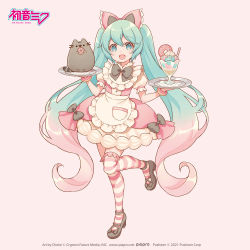 Rule 34 | apron, aqua hair, artist name, bow, bracelet, cat, choke (amamarin), clothing request, company name, copyright name, crossover, crypton future media, doughnut, dress, food, gradient hair, hair bow, hatsune miku, holding, holding food, holding tray, jewelry, lace, lace-trimmed legwear, lace trim, long hair, multicolored hair, official art, parfait, piapro, pink background, pink dress, pink hair, pusheen the cat, pusheen the cat (series), simple background, striped clothes, striped legwear, striped thighhighs, thighhighs, tray, twintails, very long hair, vocaloid, waitress, zettai ryouiki