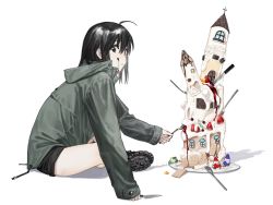 Rule 34 | 1girl, ahoge, black eyes, black hair, black shorts, cake, chocolate, chocolate syrup, closed mouth, cross, dessert, female focus, food, food on face, fork, fruit, gingerbread house, highres, holding, holding fork, holding knife, icing, jacket, knife, medium hair, original, shoes, short shorts, shorts, sideways glance, simple background, sitting, sleeves past wrists, solo, strawberry, strawberry syrup, white background, xxxsoiu1