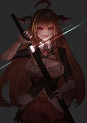 Rule 34 | 1girl, :d, absurdres, ahoge, bow, breasts, brooch, cero421, cleavage cutout, clothing cutout, commentary request, dark, dragon horns, fangs, glowing, glowing eyes, grey background, highres, hololive, horn bow, horn ornament, horns, jewelry, katana, kiryu coco, kiryu coco (1st costume), large breasts, long hair, looking at viewer, open mouth, orange hair, pointy ears, red eyes, sheath, smile, solo, sword, unsheathing, upper body, virtual youtuber, weapon