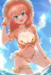 Rule 34 | 1girl, breasts, cleavage, green eyes, hat, hinoshita kaho, link! like! love live!, looking at viewer, love live!, medium breasts, medium hair, open mouth, satolive20, smile, solo, swimsuit
