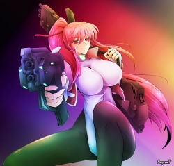Rule 34 | 1girl, breasts, fingerless gloves, gloves, gun, haganef, handgun, impossible clothes, kalvia, large breasts, long hair, looking at viewer, original, pink eyes, pink hair, ponytail, rifle, skin tight, smile, solo, weapon
