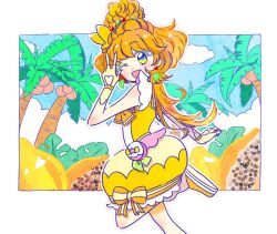 Rule 34 | 1girl, bow, colored eyelashes, commentary request, cure papaya, dress, earrings, fingerless gloves, gloves, hair ornament, hoppetoonaka3, ichinose minori, jewelry, looking at viewer, magical girl, multicolored eyes, open mouth, orange footwear, orange hair, outdoors, palm tree, papaya, precure, skirt, smile, solo, thick eyelashes, tree, tropical-rouge! precure, v, yellow dress, yellow gloves