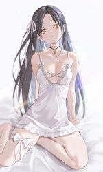 1girl bare_shoulders barefoot black_hair breasts dress expressionless hair_ribbon leg_ribbon looking_at_viewer mole mole_under_eye original oto1_030 ribbon short_dress sitting skindentation small_breasts thigh_ribbon white_dress white_ribbon yellow_eyes