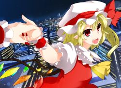 Rule 34 | 1girl, :d, ariyoshi gen, ascot, bad id, bad pixiv id, blonde hair, city, colorized, female focus, flandre scarlet, holding hands, hat, hat ribbon, night, open mouth, pointy ears, pov, red eyes, ribbon, short hair, smile, solo focus, sugita, touhou, wings, wrist cuffs