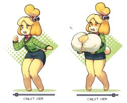 Rule 34 | 1girl, animal crossing, animal ears, animal hands, artist name, barefoot, bell, blonde hair, blue skirt, blush, body slider, breast expansion, breasts, buck teeth, collar, covered erect nipples, dog ears, dog girl, dog tail, embarrassed, english text, female focus, full body, furry, furry female, gameplay mechanics, gigantic breasts, green jacket, hair bell, hair ornament, hair tie, hand up, happy, isabelle (animal crossing), jacket, jingle bell, knees together feet apart, long sleeves, looking down, miniskirt, multiple views, neck ribbon, nintendo, nose blush, open mouth, pawpads, pencil skirt, plaid, plaid jacket, popped button, red ribbon, ribbon, shirt, short hair, simple background, skindentation, skirt, slider, sliders, small breasts, smile, standing, sweat, taiikodon, tail, teeth, topknot, twitter username, white background, white eyes, white shirt