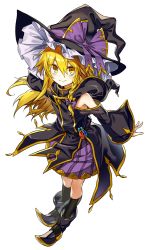 Rule 34 | 1girl, alternate costume, ankle boots, black footwear, black hat, black socks, blonde hair, blush, boots, bow, braid, closed mouth, clothing cutout, gem, hair between eyes, hair bow, hat, hat bow, highres, kirisame marisa, kneehighs, large bow, long hair, long sleeves, manarou, outstretched arm, purple bow, purple skirt, rope, shoulder cutout, side braid, skirt, smile, socks, solo, standing, touhou, tsurime, wide sleeves, witch hat, yellow eyes