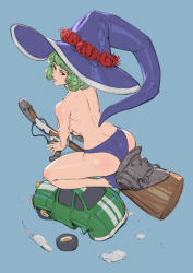Rule 34 | 1girl, ass, back, blue background, blue footwear, blue hat, blue panties, car, flower, green hair, hat, hat flower, highres, motor vehicle, neoartcore, nipples, original, panties, red flower, shoes, short hair, simple background, solo, spider lily, topless, underwear, witch hat