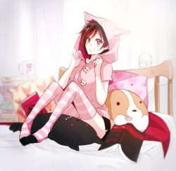 Rule 34 | 1girl, animal ears, animal hood, book, grey eyes, hood, hooded, kuma (bloodycolor), looking at viewer, open mouth, red hair, ruby rose, rwby, short hair, solo, striped clothes, striped thighhighs, stuffed toy, thighhighs