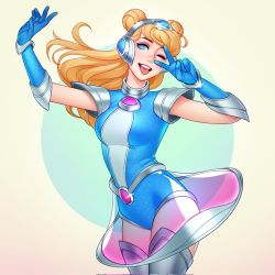 Rule 34 | 1girl, arm up, armor, blonde hair, blue background, blue gloves, blue leotard, boots, breasts, commentary, cowboy shot, double bun, dress, floating hair, gloves, hair bun, hand up, headgear, highres, large breasts, league of legends, leotard, long hair, looking at viewer, lux (league of legends), one eye closed, open mouth, pink eyes, purple gloves, see-through, shoulder armor, smile, solo, space groove lux, teeth, thigh boots, thighhighs, tongue, tongue out, tsuaii, upper teeth only, v, white background, white leotard