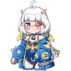 Rule 34 | 1girl, ahoge, anger vein, bailingxiao jiu, bare shoulders, black choker, blue jacket, blue one-piece swimsuit, blue thighhighs, blush, character request, choker, collarbone, covered navel, cropped legs, eyepiece, hood, hood down, hooded jacket, horseshoe, jacket, long sleeves, looking at viewer, off shoulder, one-piece swimsuit, open clothes, open jacket, parted lips, puffy long sleeves, puffy sleeves, roman numeral, short hair, silver hair, simple background, sleeves past wrists, solo, swimsuit, thighhighs, warhammer 40k, wavy mouth, white background