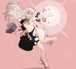Rule 34 | 1girl, accidental exposure, blush, book, breasts, burnt clothes, casting spell, cleft of venus, fire emblem, fire emblem: three houses, garreg mach monastery uniform, highres, holding, holding book, long hair, looking down, lysithea von ordelia, magic, navel, nintendo, nipples, open book, pink eyes, pubic hair, pussy, small breasts, spell, spicy bardo, uncensored, uniform, wardrobe malfunction, white hair