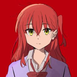 Rule 34 | 1girl, bad id, bad twitter id, bocchi the rock!, bow, bowtie, closed mouth, collared shirt, green eyes, hair between eyes, highres, kerorira, kita ikuyo, long hair, looking at viewer, one side up, red background, red bow, red bowtie, red hair, shirt, simple background, solo, straight-on, upper body, white shirt
