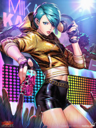 Rule 34 | 1girl, 3boys, absurdres, aqua hair, bike shorts, black gloves, blue eyes, bracelet, check copyright, collar, company name, computer, copyright request, cup, dj, dong-wook shin, drinking glass, fingerless gloves, gang road joker, glint, gloves, hand up, headphones, headphones removed, highres, holding, holding headphones, hood, hood down, indoors, jewelry, laptop, logo, looking at viewer, midriff, mikane (gang road joker), multiple boys, nail polish, nightclub, parted lips, pink nails, short hair, shot glass, solo focus, spiked collar, spikes, tattoo, zipper