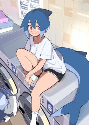 Rule 34 | 1girl, absurdres, azuumori, black shorts, blue hair, bob cut, breasts, closed mouth, clothes, collarbone, commentary, english commentary, flip-flops, foot out of frame, gym shorts, hair between eyes, highres, indoors, laundromat, laundry basket, looking at viewer, mako (azuumori), medium breasts, medium hair, multicolored hair, original, oversized clothes, oversized shirt, own hands together, red eyes, sandals, shirt, short sleeves, shorts, sign, sitting, sitting on object, smile, socks, solo, thick eyebrows, tile wall, tiles, towel, two-tone hair, washing machine, white shirt, white socks, white trim
