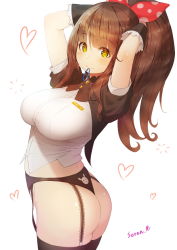 Rule 34 | 1girl, arms up, ass, bad id, bad pixiv id, blush, bow, breasts, brown eyes, brown hair, hair bow, jellytits-7, large breasts, long hair, looking at viewer, looking back, maid, original, polka dot, polka dot bow, ponytail, simple background, solo, white background