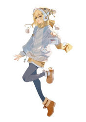 Rule 34 | 1girl, alternate costume, arm at side, beanie, black pantyhose, blonde hair, blue sweater, boots, box, bracelet, brown footwear, fringe trim, full body, fur-trimmed boots, fur-trimmed shorts, fur trim, genshin impact, hair between eyes, hair ornament, hairclip, hand up, hat, hat ornament, highres, holding, holding box, jewelry, leg up, long sleeves, looking at viewer, lumine (genshin impact), necklace, open mouth, pantyhose, pom pom (clothes), pom pom beanie, scarf, short hair, shorts, simple background, sleeves past wrists, smile, snowman hat ornament, solo, star (symbol), star necklace, striped clothes, sweater, vertical-striped clothes, vertical-striped sweater, white background, white sweater, yaner 10, yellow eyes, yellow hat, yellow scarf, yellow shorts