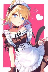 Rule 34 | 1girl, alternate costume, animal ears, apron, bell, black choker, blonde hair, blue eyes, cat ears, cat tail, choker, closed mouth, collarbone, cowboy shot, fang, frills, head tilt, inubangarou, kagamine rin, kemonomimi mode, leaning to the side, looking at viewer, maid, maid headdress, medium hair, neck bell, pink background, simple background, skin fang, smile, solo, square neckline, swept bangs, tail, vocaloid