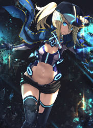 Rule 34 | 1girl, adjusting clothes, adjusting headwear, ahoge, arm up, artoria pendragon (fate), baseball cap, black shorts, black thighhighs, blonde hair, blue eyes, breasts, clothing cutout, dutch angle, fate/grand order, fate (series), glint, hair between eyes, hand on headwear, hand up, hat, highres, jacket, jacket on shoulders, kawanakajima, leotard, leotard under clothes, long sleeves, medium breasts, midriff, mysterious heroine x (fate), mysterious heroine x (third ascension) (fate), navel, navel cutout, open clothes, open fly, open jacket, panties, parted lips, ponytail, rojiura satsuki: chapter heroine sanctuary, short shorts, shorts, sidelocks, small breasts, solo, thighhighs, underwear