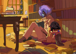 Rule 34 | 1boy, 1girl, amelia wil tesla seyruun, black hair, blue skin, book, book stack, bookshelf, boots, closed mouth, colored skin, drawer, face down, hair ornament, holding, holding book, hugging own legs, indoors, long hair, long sleeves, on floor, open book, orb, pants, paper, paper stack, pointy ears, pointy hair, purple hair, reading, shadow, sitting, slayers, sleeping, table, tree, window, wooden table, yumemi, zelgadiss graywords