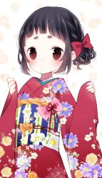 Rule 34 | 1girl, :3, black hair, blush, bow, brown hair, closed mouth, commentary request, fingernails, floral background, floral print, hair bow, hands up, highres, japanese clothes, kimono, long sleeves, looking at viewer, obi, original, pinching sleeves, print kimono, red bow, red kimono, sash, sidelocks, solo, thick eyebrows, white background, wide sleeves, zantei hanako