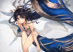 Rule 34 | 1girl, arm at side, artist name, banner, bare arms, bare legs, bare shoulders, black hair, black ribbon, blurry, chain, closed mouth, collar, collarbone, crown, depth of field, fate/grand order, fate (series), female focus, flat chest, floating hair, from above, gem, grey background, hair ribbon, invisible chair, ishtar (fate), jewelry, leaning, leaning forward, legs, leotard, long hair, looking to the side, neck ring, parted bangs, pelvic curtain, rean (r ean), red eyes, revealing clothes, ribbon, side slit, simple background, sitting, sketch, smile, solo, strapless, thigh gap, tiara, tohsaka rin, two side up, type-moon, very long hair, wind, wind lift