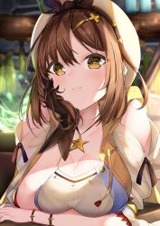 Rule 34 | 1girl, atelier (series), atelier ryza, atelier ryza 1, beret, blush, breasts, brown eyes, brown gloves, brown hair, cleavage, commentary request, gloves, hair ornament, hairclip, hat, highres, jewelry, large breasts, looking at viewer, necklace, reisalin stout, shiero., short hair, single glove, solo, star (symbol), star necklace, upper body, white hat
