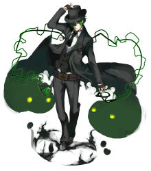 Rule 34 | 1boy, belt, black neckwear, blazblue, brown gloves, closed eyes, closed mouth, fingerless gloves, formal, gloves, green hair, hair over one eye, hand on headwear, hat, hazama, kasa (hitori sanka), male focus, shadow, simple background, smile, solo, standing, suit, torn clothes, white background