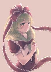 Rule 34 | 1girl, bow, cropped torso, crying, crying with eyes open, dress, front ponytail, green eyes, green hair, hair bow, highres, kagiyama hina, natsushiro, pink background, red dress, simple background, smile, solo, tears, touhou, upper body