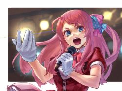 Rule 34 | 1girl, ahoge, blue eyes, bow, commentary request, eyebrows hidden by hair, gloves, hair bow, hair ornament, hair ribbon, highres, holding, holding microphone, long hair, microphone, minamoto sakura, open mouth, pink bow, polka dot, polka dot bow, ribbon, short sleeves, solo, stage lights, white background, white gloves, yomoyama yotabanashi, zombie land saga