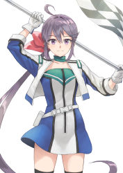 Rule 34 | 1girl, ahoge, akebono (kancolle), black thighhighs, blush, checkered flag, closed mouth, collarbone, cowboy shot, flag, gloves, hair between eyes, highres, holding, holding flag, kantai collection, long hair, long sleeves, purple eyes, purple hair, race queen, side ponytail, simple background, solo, taruya, thighhighs, white background, white gloves