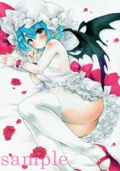 Rule 34 | 1girl, arim0k0, ass, bat wings, blue hair, closed mouth, dress, flower, frilled dress, frills, hat, highres, looking at viewer, lying, mob cap, on side, pointy ears, red eyes, red footwear, remilia scarlet, rose, sample watermark, short hair, sleeveless, sleeveless dress, solo, thighhighs, touhou, traditional media, watermark, white dress, white hat, white thighhighs, wings, wrist cuffs