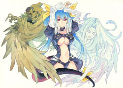 Rule 34 | 1girl, agahari, asymmetrical wings, blue hair, breasts, dizzy (guilty gear), guilty gear, guilty gear x, guilty gear xx, large breasts, long hair, necro (guilty gear), red eyes, ribbon, solo, tail, tail ornament, tail ribbon, traditional media, underboob, undine (guilty gear), wings