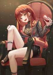 Rule 34 | 1girl, absurdres, bare shoulders, black footwear, black jacket, black shirt, black shorts, breasts, brown eyes, chair, cleavage, crop top, cropped jacket, cup, drinking glass, fangs, hair ornament, hairclip, head tilt, highres, holding, jacket, knee up, long hair, looking at viewer, medium breasts, midriff, mole, mole under eye, oert129, open mouth, original, red hair, see-through, see-through cleavage, shirt, shoes, short shorts, shorts, sitting, sleeveless, sleeveless shirt, smile, socks, solo, thighs, white socks, wine glass