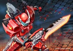 Rule 34 | 1other, armor, chain-link fence, character name, engine blade, fence, fighting stance, glowing, glowing hot, glowing weapon, helmet, holding, holding sword, holding weapon, kamen rider, kamen rider accel, kamen rider w, kongcool, sword, tokusatsu, weapon