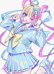 Rule 34 | 1girl, akiyama enma, blonde hair, blue bow, blue eyes, blue footwear, blue hair, blue nails, blue shirt, blue skirt, bow, chouzetsusaikawa tenshi-chan, commentary request, double v, hair bow, hair ornament, hands up, heart, heart hair ornament, holographic clothing, long hair, long sleeves, looking at viewer, multicolored hair, multicolored nails, needy girl overdose, one eye closed, pink bow, pink hair, pink nails, platform footwear, pleated skirt, purple bow, quad tails, sailor collar, school uniform, serafuku, shirt, simple background, skirt, solo, sparkle, standing, standing on one leg, tongue, tongue out, twintails, v, very long hair, white background, yellow bow