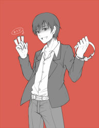 Rule 34 | 1boy, akabane karma, ansatsu kyoushitsu, ball gag, belt, chain, collared shirt, commentary request, dress shirt, gag, unworn gag, holding, holding gag, jacket, limited palette, long sleeves, male focus, meipoi, monochrome, open clothes, open jacket, open mouth, pants, red background, shirt, short hair, simple background, smile, solo, translation request