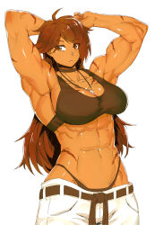 Rule 34 | 1girl, abs, absurdres, antenna hair, belt, breasts, brown eyes, brown hair, choker, cleavage, cross, cross necklace, dark skin, denim, highres, jeans, jewelry, large breasts, long hair, looking to the side, minew, muscular, muscular female, necklace, original, pants, scar, simple background, solo, tank top, thong, white background