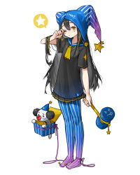 Rule 34 | 1girl, black hair, black shirt, blue hat, full body, hammer, hand up, hat, highres, holding, holding hammer, jack-in-the-box, long hair, one eye closed, original, rinotuna, shirt, short sleeves, simple background, solo, standing, white background, yellow eyes