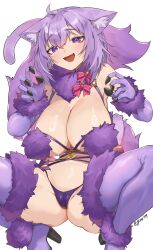 Rule 34 | 1girl, absurdres, animal ears, blush, boots, breasts, cameltoe, cat ears, cleavage, cleft of venus, cosplay, elbow gloves, fang, fate/grand order, fate (series), fur-trimmed gloves, fur-trimmed legwear, fur-trimmed thighhighs, fur bikini, fur collar, fur trim, gloves, high heel boots, high heels, highres, hololive, huge breasts, jknor, large breasts, mash kyrielight, mash kyrielight (dangerous beast), mash kyrielight (dangerous beast) (cosplay), medium hair, nekomata okayu, purple eyes, purple gloves, purple hair, purple tail, purple thighhighs, revealing clothes, shiny skin, smile, solo, squatting, tail, thighhighs, virtual youtuber, white background, wolf tail