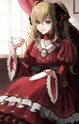 Rule 34 | 1girl, absurdres, alicia alterosa, bow, chair, choker, closed mouth, commission, cup, curtains, dress, emo37337640, goth fashion, green eyes, hair between eyes, highres, holding, holding cup, holding plate, indie virtual youtuber, jewelry, light brown hair, long sleeves, looking at viewer, necklace, plate, red bow, red choker, red dress, sitting, skeb commission, solo, twintails, virtual youtuber, window