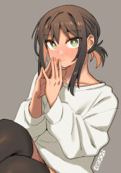 Rule 34 | 1girl, artist logo, artist name, black hair, black thighhighs, blush, closed mouth, collarbone, commentary, ergot, fingernails, fubuki (kancolle), green eyes, grey background, hair between eyes, jewelry, kantai collection, long sleeves, looking at viewer, ring, shirt, short hair, short ponytail, simple background, smile, solo, thighhighs, wedding ring, white shirt