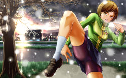 Rule 34 | 1girl, 82u, atlus, bike shorts, brown eyes, brown hair, female focus, fighting stance, highres, houndstooth, jacket, lapel pin, open mouth, persona, persona 4, pin, satonaka chie, shoes, short hair, skirt, smiley face, snow, snowing, socks, solo, track jacket, tree, winter
